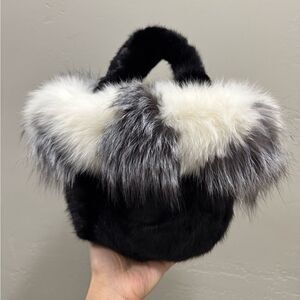 Black & White, Real Mink Fur with Fox Fur Trimming Top Handle & Multi Use Purse